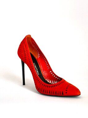 Tom Ford Laser-Cut Perforated Suede Pointy Toe Pumps | Red-Orange | IT 39 / US 8